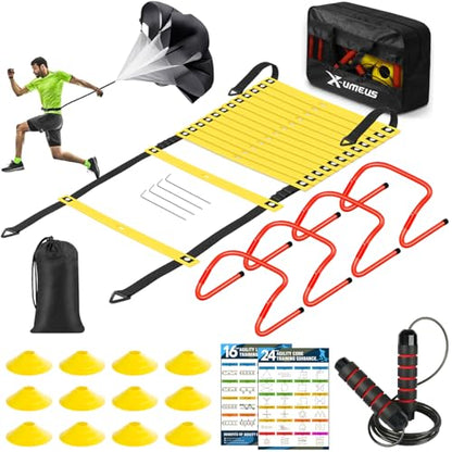 X-UMEUS Agility Ladder Speed Training Equipment Set-20ft Agility Ladder,12 Soccer Cones,4 Hurdles, Jump Rope, Running Parachute| Basketball Football Soccer Training Equipment for Kids Youth Adults - color: yellow