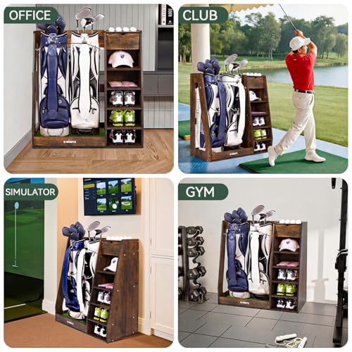 WINGYZ Premium Birch Plywood Golf Bag Storage for 2 Bags | 36lb Rock-Solid Golf Bag Organizer | 7-Shelf Command Center | Artificial Turf 12-Ball Display | No Wall Mounting Required (Brown) - color: Brown