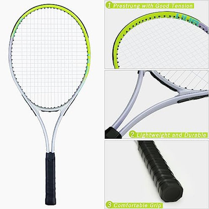 Tennis Racket Pre-Strung Lightweight 27 Inch Racquet Recreational Adult Rackets for Men Women Students Training Tennis Starter Kit with Balls,Carry Bag and Overgrips - color: Green/White - 2 Rackets