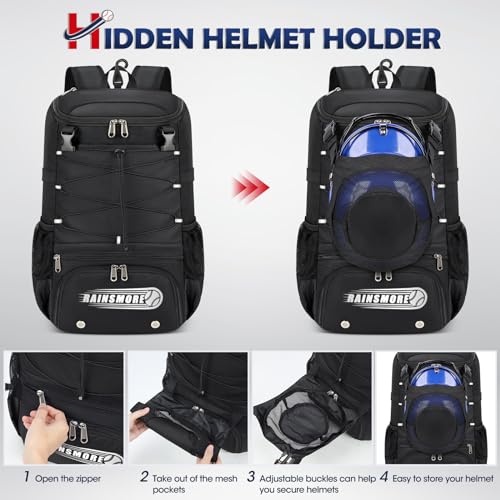 RAINSMORE Baseball Bag for Youth & Adult Lightweight Softball Bat Bag with Shoe Compartment, External Helmet Holder and Fence Hook Waterproof Baseball Backpack Hold T-Ball, Bat and Softball Equipment - color: Black