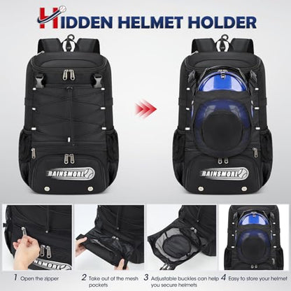 RAINSMORE Baseball Bag for Youth & Adult Lightweight Softball Bat Bag with Shoe Compartment, External Helmet Holder and Fence Hook Waterproof Baseball Backpack Hold T-Ball, Bat and Softball Equipment - color: Black