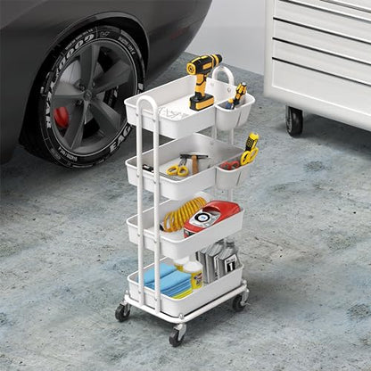 Simple Houseware 4-Tier Multifunctional Rolling Utility Cart with Hanging Buckets, White - color: White, size: 4-Tier
