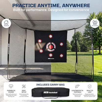 Haokelball Golf Hitting Net with 3-Sided Protection, 10x8x6ft Heavy Duty Golf Practice Cage with Reinforced Steel Frame, Target Cloth & Full Swing Backyard Driving Net for Indoor Outdoor Use
