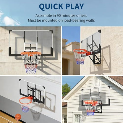 48 Inch Wall Mounted Basketball Hoop, Shatterproof Backboard with Rim, Adjustable Height Hand Crank Goal, Indoor & Outdoor with Adjustable Height, Classic Basketball Court, Teens, Adults, Schools, Pa