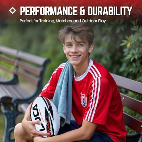 LUCA Rugby Ball Youth and Adult Sizes 3, 4 & 5 - Hand Stitched Super Grip Training Ball - Durable 3-Ply Waterproof Surface for College & Club Practice - color: Red, Black, White, size: 4