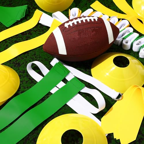 Flag Football Set, 14 Player Adjustable Belts with Cones Includes 14 Easy Tear Away Belts, 28 Football Flags, 12 Cones, 1 Carrying Bag for Youths, Adults Sport Team Training - style: Yellow, Green