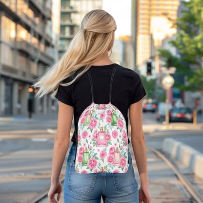 Castle Fairy Pink Flowers Perfume Drawstring Backpack Gym Bag,Beauty Fragrance Cinch Bag,Princess Style Foldable Draw String Back Bags Sports Bags,Pink Green - color: Pink Green