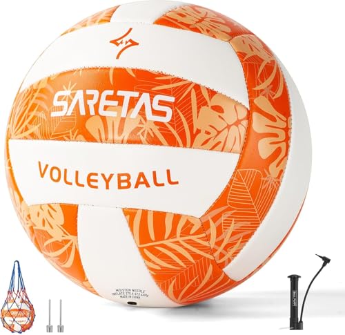 Saretas Volleyball Soft Beach Volleyball - Official Size for School, Indoor, Outdoor and Play Game Gym Workout - Play for Girls, Adults and Family. - color: Orange Monstera with Pump
