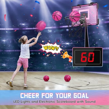 Indoor Basketball Hoop with Electronic Scoreboard and LED Light, Pink Over The Door Basketball Toy, for Kids Aged 4, 5, 6, 7, 8+Years Old