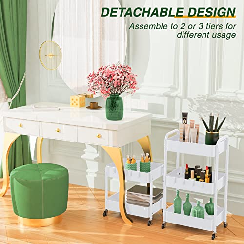 3 Tier Rolling Storage Cart, Metal Trolley Utility Cart with Wheels & Hooks, Easy Assembly Organizer Storage Cart for Bathroom Kitchen Office Bedroom