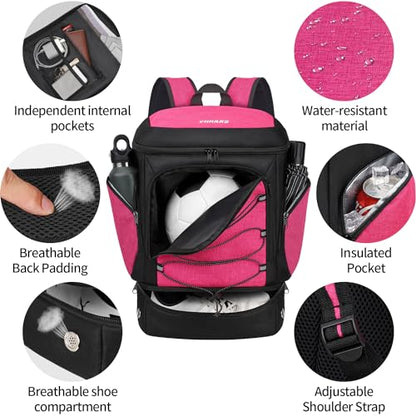 Soccer Bag - Soccer Backpack with Ball Holder,Sport Equipment Bags gifts for soccer stuff Water resistant Includes Separate Cleat Fit Basketball Volleyball Football - color: pink