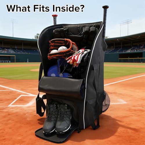 Catchers Gear Bag with Wheels, Large Rolling Baseball Equipment Bag for Helmet, Bats, Cleats, Durable Polyester for Youth and Adults, Black