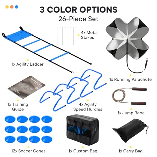 Agility Ladder Speed Training Equipment Set-20ft Ladder,12 Cones, 4 Adjustable Hurdles, Jump Rope, Resistance Parachute| Soccer,Basketball, Football Practice Equipment for Youth, Adults - color: Blue, size: 17.16"*5.61"*13.21"