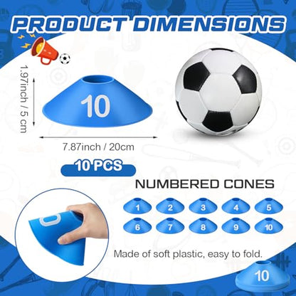 10 Pcs Numbered Sports Disc Cones 1-10 Soccer Cones with Mesh Carry Bag Flexible Agility Cones Soft Field Cones for Gym PE Classes School Activities Games, Sports Training Equipment - color: Blue