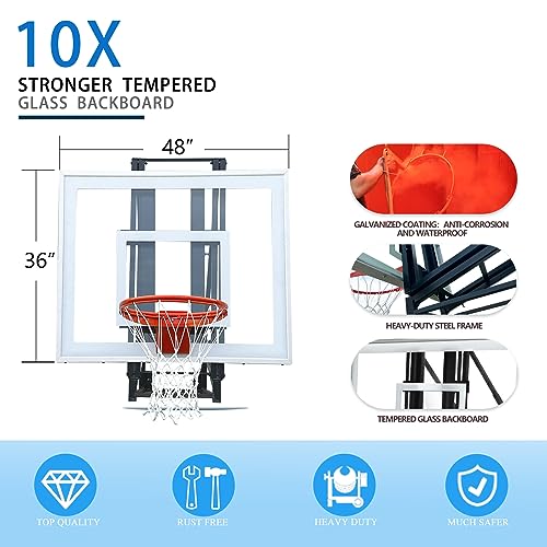 Roof Mounted Basketball Hoop Garage Includes 48" Or 60'' Crystal-Clear Tempered Glass Backboard, Durable Steel Universal Bracket and Double Spring Breakaway Rim with Net - size: 60"x36"