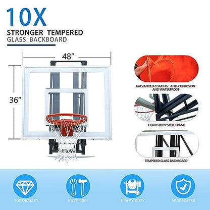 Roof Mounted Basketball Hoop Garage Includes 48" Or 60'' Crystal-Clear Tempered Glass Backboard, Durable Steel Universal Bracket and Double Spring Breakaway Rim with Net