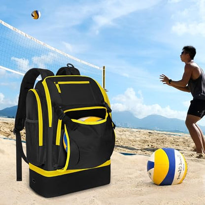 Volleyball Bag with External Ball Holder, Volleyball Backpack with Separate Shoe Space, Multiple Pockets and Adjustable Shoulder Strap for Soccer, Basketball and Gym Exercise - color: Black/Yellow