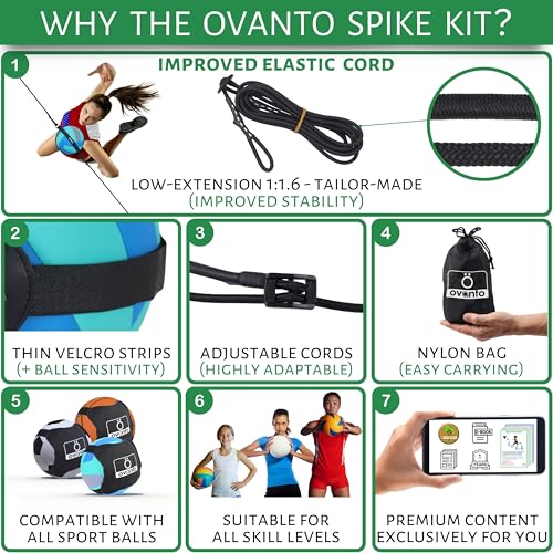 OVANTO Volleyball Training Equipment Aid – Adjustable Practice Hitting Rebounder with Ultra-Stretch Neoprene, Exclusive Elastic Cords & Premium Content, Improve Power, Speed & Technique at All Levels