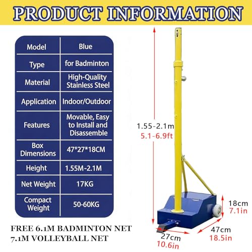 Portable Volleyball/Badminton Net Poles Suitable,Heavy Duty Volleyball Net with Poles,Adjustable 4 Heights of 5ft-6.9ft with Wheels,for Backyard Outdoor School Gym