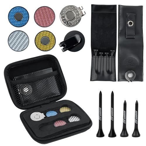 SANDIAN [Full Set], Golf Ball Markers Carbon Fiber T800 Set with Genuine Black Leather Belt Clip Tee Holder Pouch, Magnetic Hat Clips, Storage Case [Black Leather]