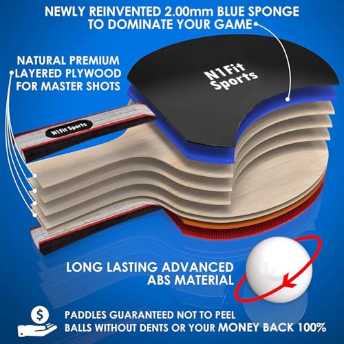 N1fit Ping Pong Paddles - Set of 4 High-Performance 5-Ply Rackets, 8 Professional 3-Star Table Tennis Balls, Portable Storage Case for Indoor-Outdoor Games
