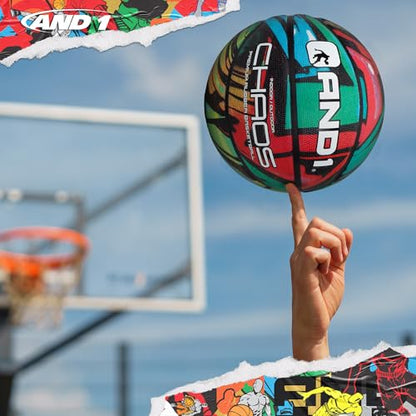 AND1 Chaos Basketball: Official Regulation (29.5 inches) Rubber - Deep Channel Construction Streetball, Made for Indoor Outdoor Basketball Games - color: Green/Red Graffiti