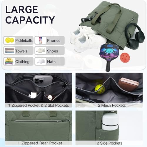 VASCHY Pickleball Tote Bags For Women With Fence Hook, Quilted Puffer Pickleball Paddle Holder Case Gym/Sports Tote - color: Dark Green