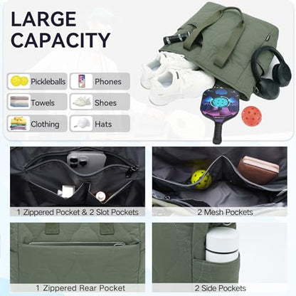 VASCHY Pickleball Tote Bags For Women With Fence Hook, Quilted Puffer Pickleball Paddle Holder Case Gym/Sports Tote - color: Dark Green