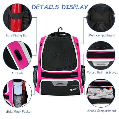 WOLT Youth Baseball Bag - Bat Backpack for Baseball, T-Ball & Softball Equipment & Gear, Bat & Glove Holder, Large Main Compartment for Helmet & accessories, Separate Shoes Compartment, Fence Hook - color: pink