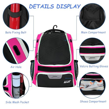 WOLT Youth Baseball Bag - Bat Backpack for Baseball, T-Ball & Softball Equipment & Gear, Bat & Glove Holder, Large Main Compartment for Helmet & accessories, Separate Shoes Compartment, Fence Hook - color: pink
