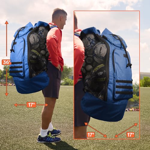 Fitdom Heavy Duty XL Soccer Mesh Equipment Ball Bag w/Adjustable Backpack Shoulder Strap Design for Coach. 2 Different Size Front Pockets for Sporting Accessories.
