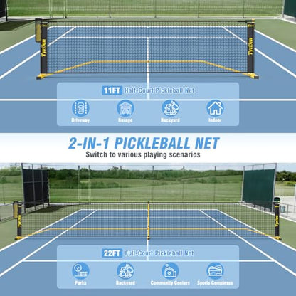 Portable Pickleball Net for Driveway, 22 FT Regulation Size & 11 FT Half Court Size Pickle Ball Net with Ball Collector, 2-in-1 Pickle Ball Net with Carry Bag for Garages Backyard