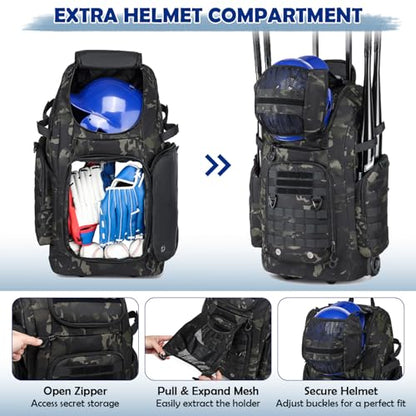 Rolling Baseball Bag with Wheels, Softball Catchers Gear Bags for 4 Bats, Portable Baseball Catcher Bag with Shoe Compartment, Holds All Softball Baseball Equipment - color: Black CM