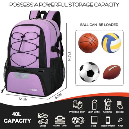 Goloni Basketball Backpack,Large Sports Bag with Ball Compartment & Shoe Compartment,Basketball Bag Fit Volleyball, soccer,Gym - color: Purple