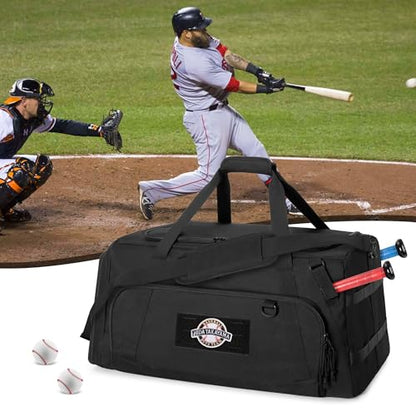 GOBUROS Tactical Baseball Duffle Bag with 2 Bat Holder, Catchers Gear Bag for Softball Equipment, Travel Baseball Bags with Shoe Compartment for Gym Sports