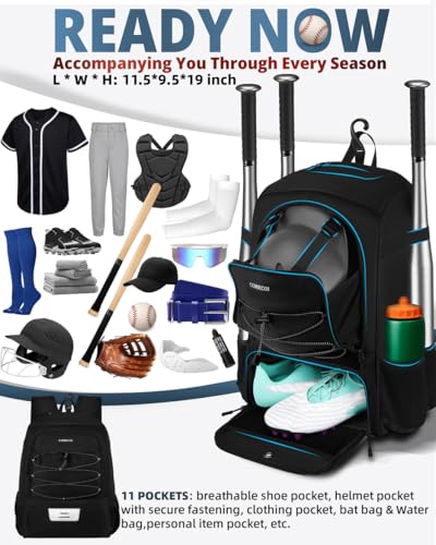 COMECOI Baseball Bag, Baseball Backpack with Helmet Shoes Bag for Youth, Adult, Lightweight Softball Bag with Fence Hook Hold TBall Bat, Baseball Glove, Helmet, Caps, All Gear