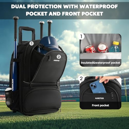 AUROTIER Rolling Baseball Backpack with Off-road Wheels, Wheeled Catchers Gear Bag for Baseball Equipment, 4 Bats, Large Softball Bag for TBall, Helmet & Accessories with Fence Hook - color: Black