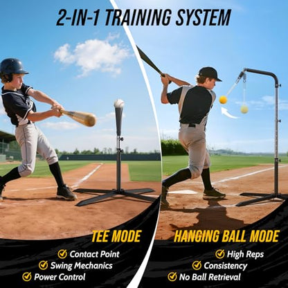 2-in-1 Baseball & Softball Swing Trainer – Reinforced Soft-Rope Version, Adjustable Height 30"-46", Heavy-Duty X-Base, Smooth Impact Design for Stable Backyard Practice