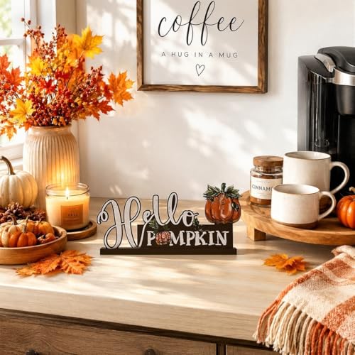Smile Fall Thanksgiving Wooden Standing Decor, Hello Pumpkin Rustic Wood Tiered Tray Sign with Stand for Rustic Farmhouse Home Kitchen Shelf Mantel Decor - style: Letter Pumpkin