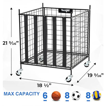 YES4ALL Rolling Ball Cart Storage with Lockable Wheels Volleyball Basketball Holder, Toy Balls Bin, Garage Cage, Storage Racks, Sports Equipment Organizer, Ball Rack for Outdoor Indoor Use