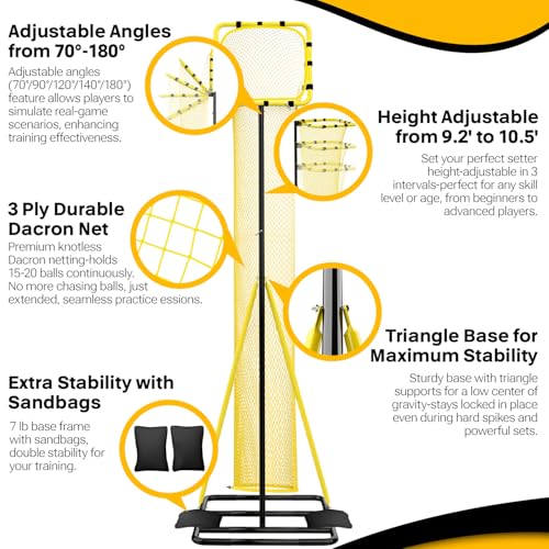Dimples Excel 10.5 FT Adjustable Volleyball Setter Training Net with 3 Height Levels and 5 Ball Return Angles (70°–180°), Includes Volleyball, Pump, Carry Bag & Sandbags for Indoor/Outdoor Practice