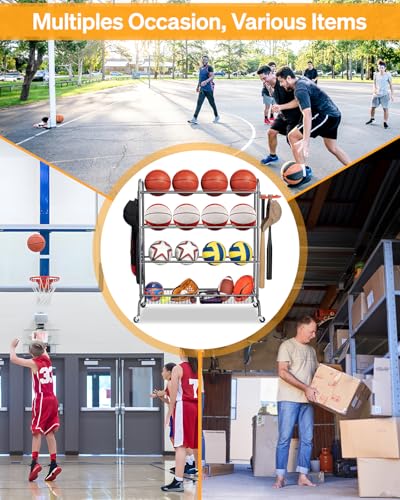 EXTCCT Basketball Rack, Rolling Basketball Shooting Training Stand,Sports Equipment Storage with Wheels, Four-Layer Organizer Holder with Two Basket for Basketballs Footballs Volleyball