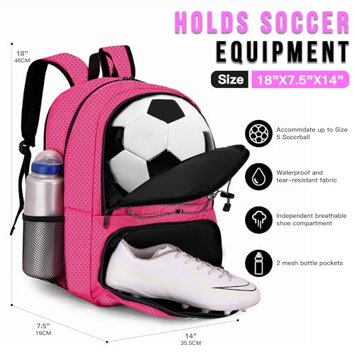 Hsmihair Youth Soccer Bag-Soccer Backpack&Backpack for Football Basketball,with Ball Compartment Separate Cleat Package - color: Pink2