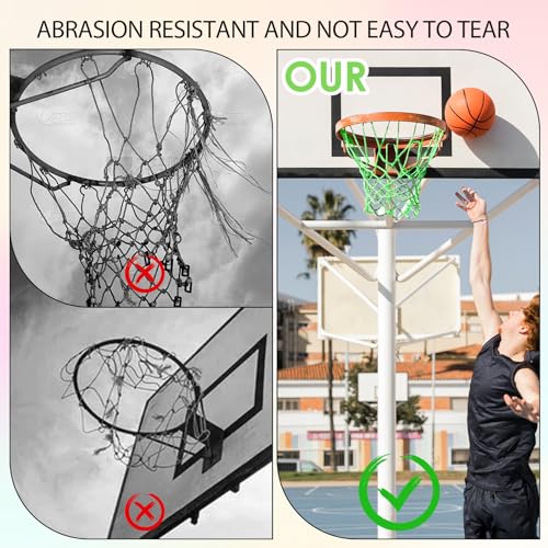 Nightlight Basketball Net, Outdoor Basketball Net Luminous Basketballs Nets 12 Loops Portable Sport Nylon Nets for All Weather Anti Whip