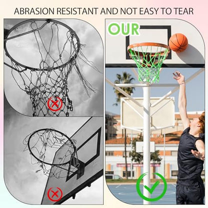 Nightlight Basketball Net, Outdoor Basketball Net Luminous Basketballs Nets 12 Loops Portable Sport Nylon Nets for All Weather Anti Whip