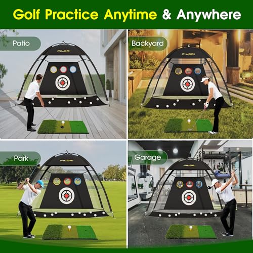 FILORI Golf Practice Net 10x7FT Heavy-Duty Golf Hitting Net with Tri-Turf Mat, 8 Balls, Tee & Carry Bag, Indoor/Outdoor Backyard Training for Driving Chipping Swing, Ideal Gifts for Men Dad Golfer