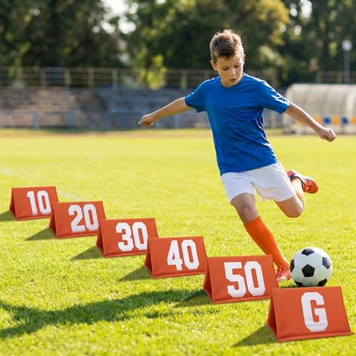 Set of 11 Standing Football Yard Markers, High Visibility Football Field Line Signs with Carrying Bag, Orange Field Yard Markers for Sport Training Equipment