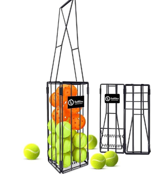 Foldable Tennis Ball Hopper - Collapsible Design Holds 25 Tennis or 16 Pickleballs, Dual Spring Pickup, No Assembly Portable Basket for Easy Storage & Court Practice