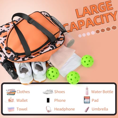 Boulder Bee Pickleball Bags, Premium Pickleball Tote Bag for Girls, Women’s Hand/Shoulder Gym Bag w Water Bottle Holder, with Pickleball Racquet/Paddle Holder - color: Leopard print-brown