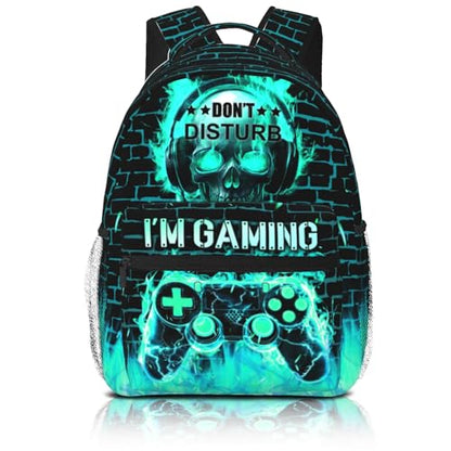 Video Game Backpack for Boys School Backpack for Kids Children Teens Elementary Middle School - Students Bookbag Ages 6-18, Waterproof Adjustable Game Bookbag Travel Daypack - color: Green Skull Game